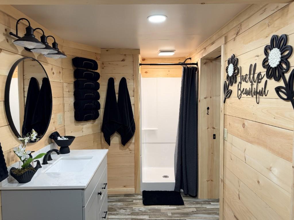 Blue Ridge Haven full bathroom with vanity and walk-in shower