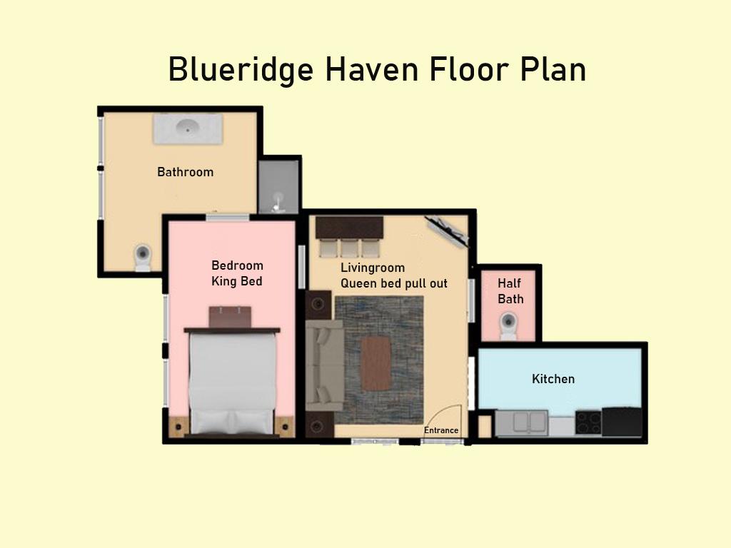 Blue Ridge Haven 2D floor plan: living room, bedroom, kitchen, full bath, and half bath