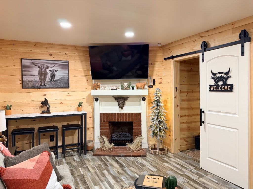 Blue Ridge Haven living room with electric fireplace and bar seating