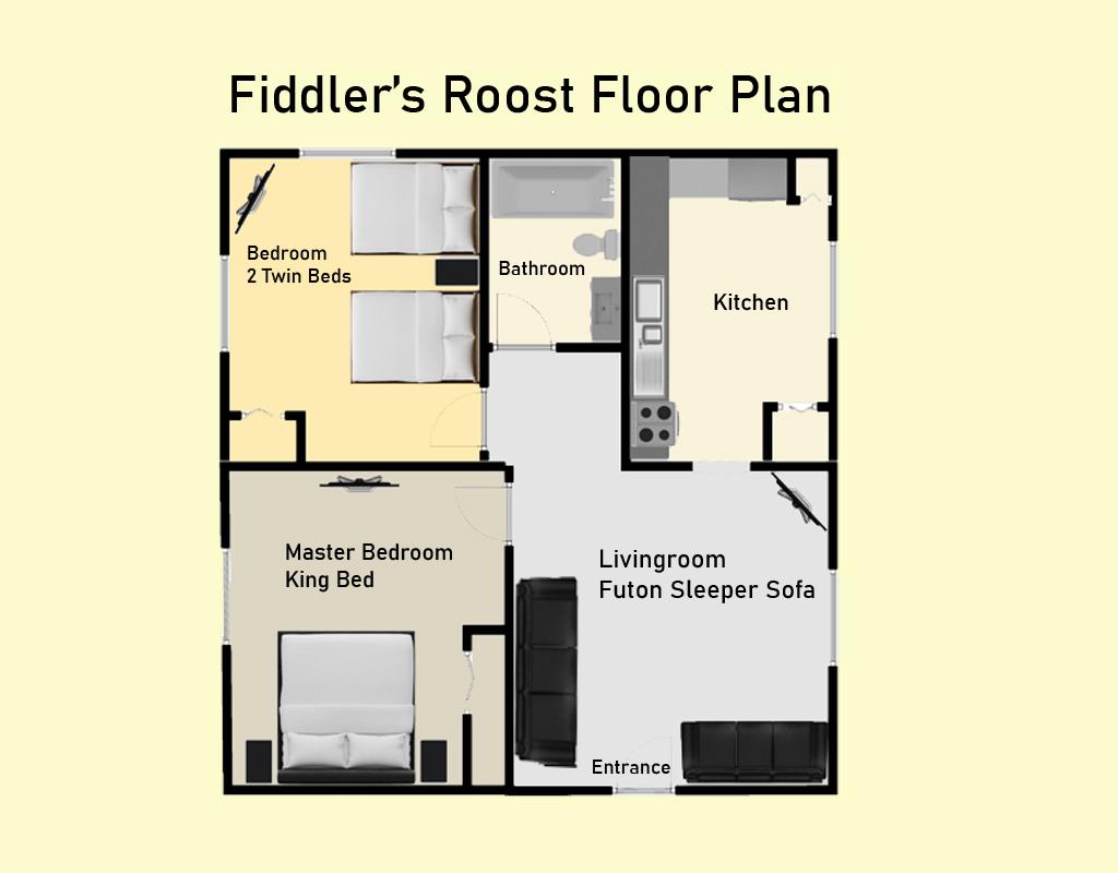 Fiddlers Roost 2D floor plan: two bedrooms, bath, kitchen, and living room