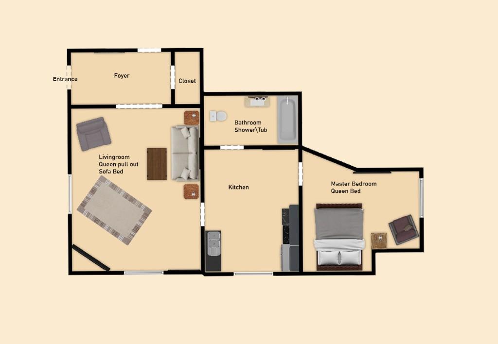 New River Hideaway 2D floor plan: living room, kitchen, bedroom, and bath