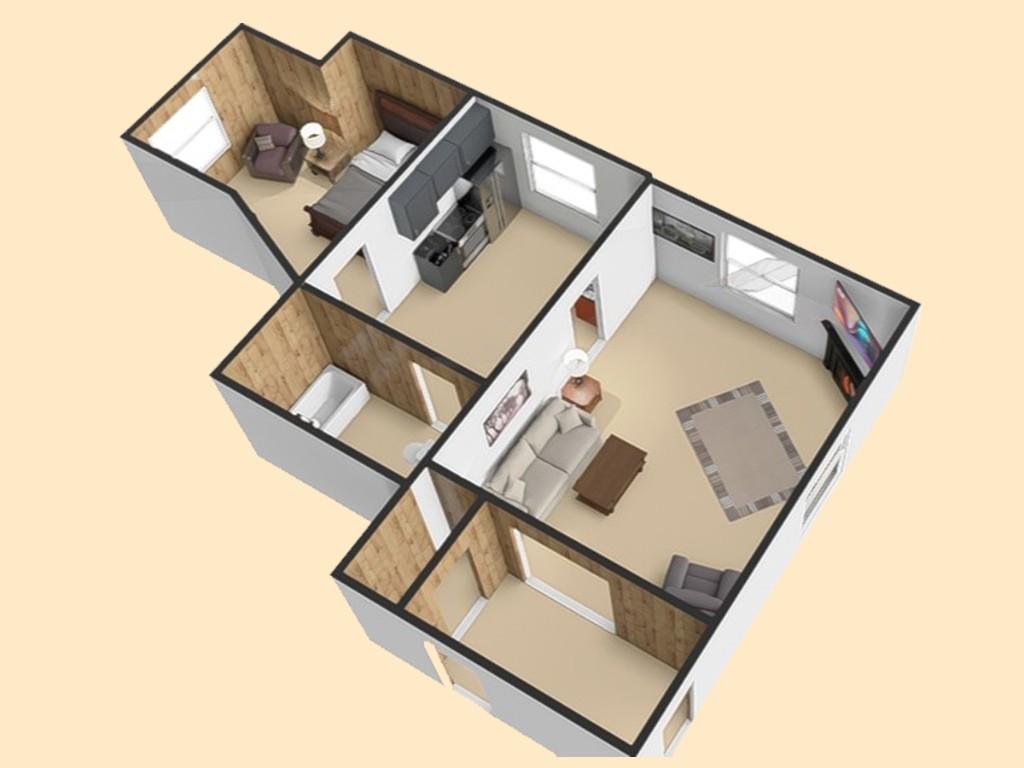 New River Hideaway 3D-style floor plan with deck